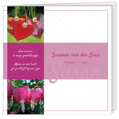 uit onze collectie: rouwkaart Harten roze © - voor jongeren en kinderen - tekst en lettertype zijn voorbeelden