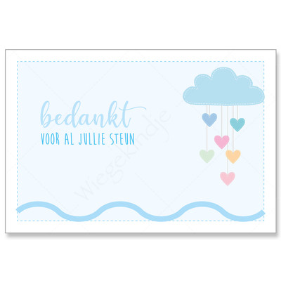 Uit onze collectie Wiegekindje©: bedankkaartje Dolfijntje in de kleur blauw - ook in beige, geel, groen, lila en roze - teksten en lettertype zijn voorbeelden