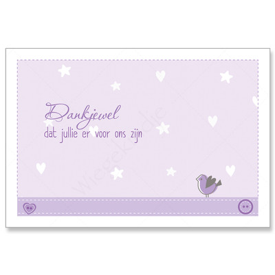 Uit onze collectie Wiegekindje©: bedankkaartje Kroontje in de kleur lila - ook in beige, blauw, geel, groen en roze - teksten en lettertype zijn voorbeelden