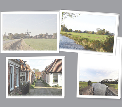 Uit onze collectie rouwkaarten© - v.l.n.r.: uitzicht op Garnwerd - op Ezinge - sluisje Aduarderzijl - smalste straatje van Nederland, in Garnwerd