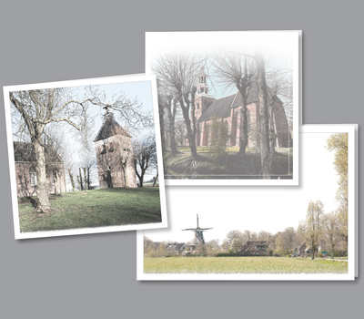 Uit onze collectie© - rouwkaarten kerktoren Den Andel, Petruskerk en uitzicht op Pieterburen