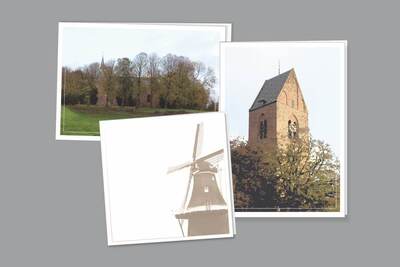 Zelfgemaakte rouwkaarten van de Andreaskerk Westeremden, Molen de Leeuw en de Lopster Toren